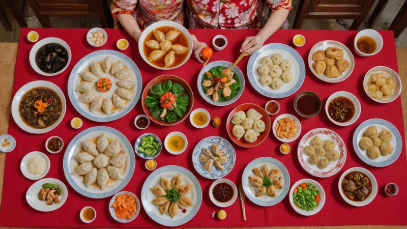 Chinese New Year, traditional dishes, dumplings, fish, glutinous rice cakes, family gatherings, culinary traditions, prosperity, symbolism